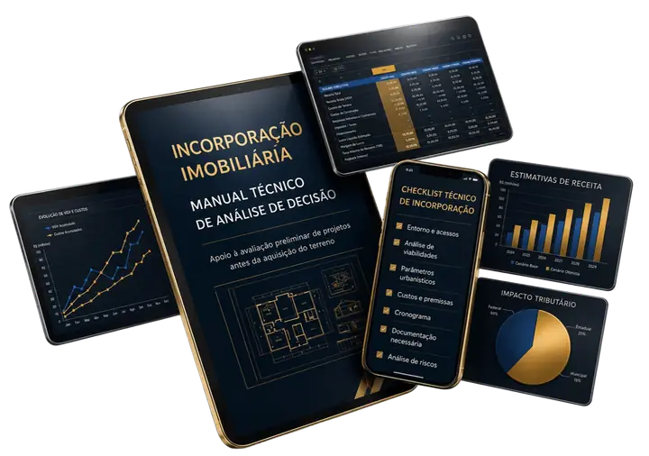 Kit Técnico de Análise Preliminar: manual técnico, planilha de viabilidade, checklist e dashboards exibidos em tablets e smartphone